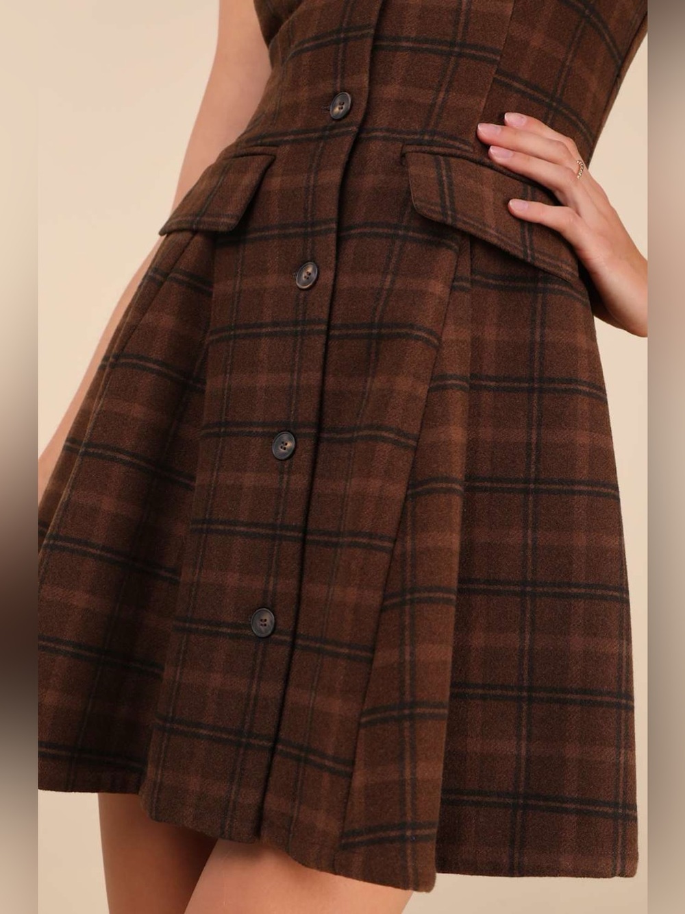 Lulus Autumn Approach Brown Plaid Sleeveless Button-Up Mini Dress Womens Size S - Picture 4 of 11